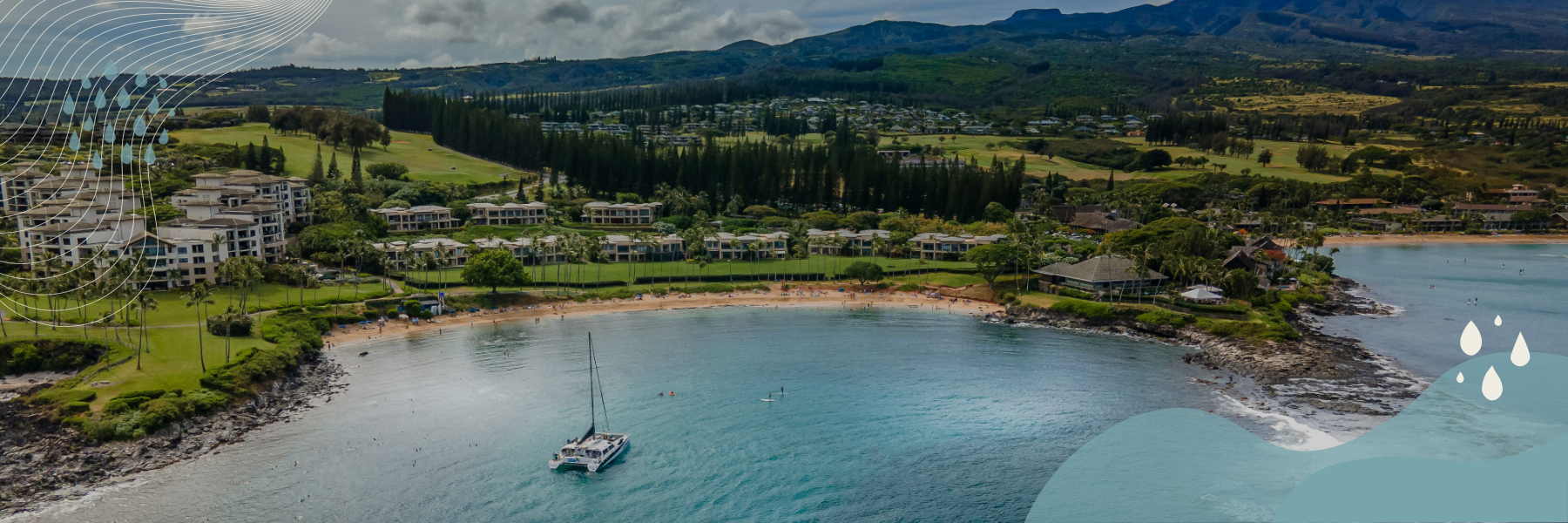An aerial view from the ocean shows a bay with a catamaran in the foreground, a well-watered golf course and luxurious resort buildings in the mid-ground, and blue-green hills and dry grasslands in the background.